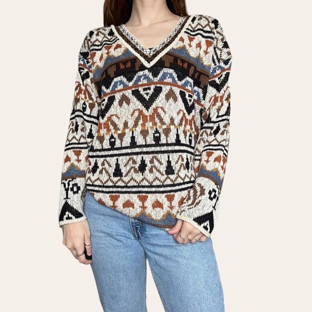 90s vintage multi-patterned neutral knit sweater Croquet Club - Medium - Picture 3 of 7